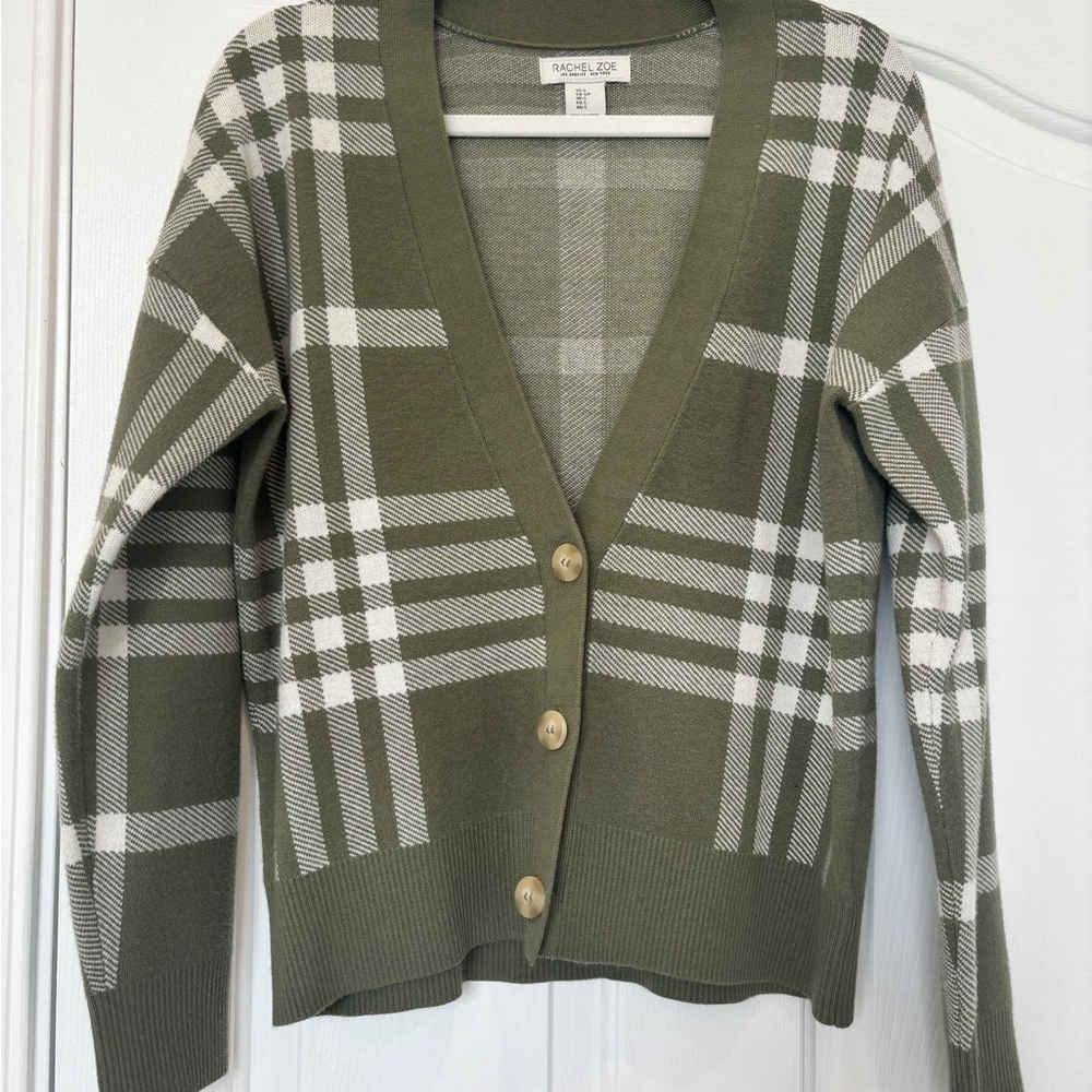 Rachel Zoe Olive & White Plaid V-Neck Button Cardigan